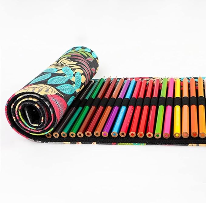 DIYOMR 12/24/36/72 Slots Pencil Wrap Pencil Rolls, Artist Colored Pencil Roll Up Bag Short Brush Pouch Case Pencils Organizer for Drawing Coloring and Sketching, No Pencils (Colorful Leaves, 12slots)