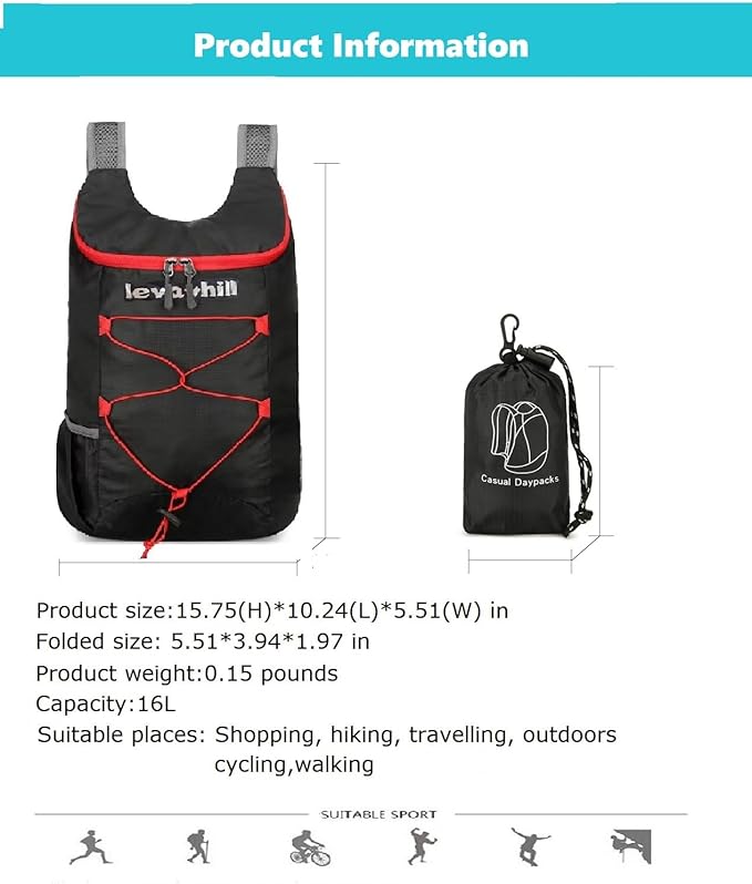 levayhill 16L Lightweight Foldable Hiking-Backpack Small Packable-Daypack For Travel,Ultralight Water-Resistant Gym Bag Men Women Easy Carry-on (Black+Red)