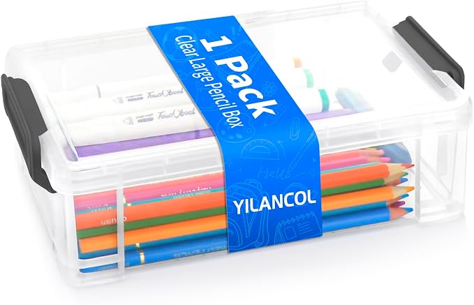 Large Plastic Clear Hart Pencil Box Case For Crayons, Markers, Art Supplies | Hard Pen Case Box With Secure Lid,Stackable Kids Boy Girls Storage Organizer Box For School Classroom Office,Black