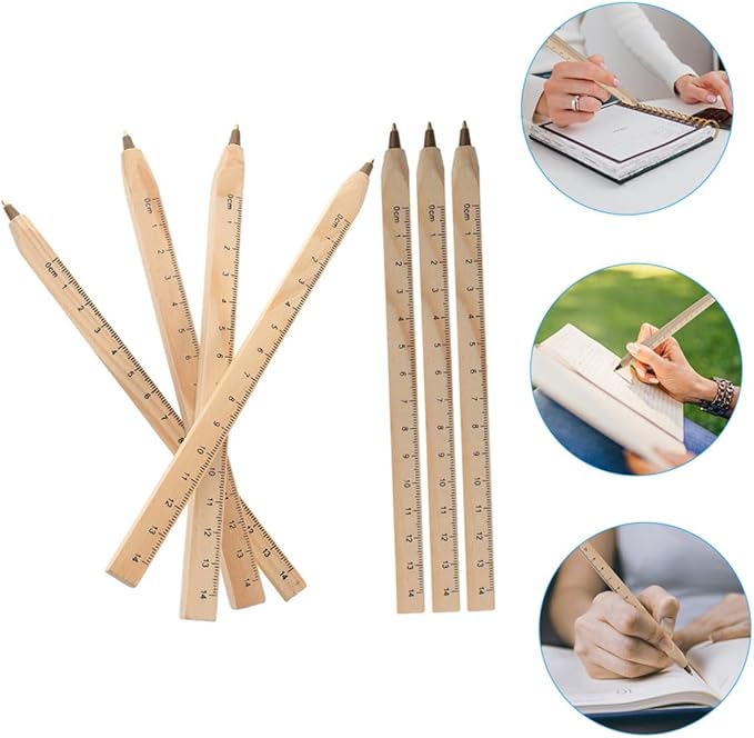 Natural Wood Ballpoint Pens Black, 20pcs Set with Printed Ruler, Biodegradable Solid Wood Carpenter Pens for Woodwork Marking and Office Use