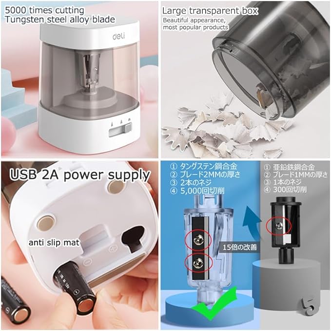Electric Pencil Sharpener,5000 Times for Blade,Interchangeable Blade,3 Years Warranty,Battery/2A USB Powered,Suitable for 6-8mm,Extra Free Blades, for Home, Office, School (White)