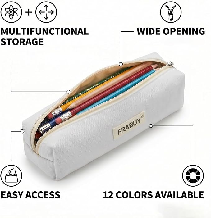 Canvas Pencil Case Pouch, Multipurpose Pen Bag Stationery White | Heavy-duty Canvas, Smooth Alloy Zipper, Cute Organizer for Girls and Boys, Ideal for Stationery, Cosmetics, Tech Gear