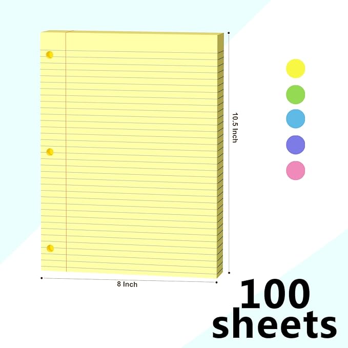 Yellow Loose Leaf Paper 100 Sheets Colored Filler Paper 8 * 10.5 College Ruled Paper 3-Hole Punched Paper for 3-Ring Binders Notebook Lined 8" x 10.5"