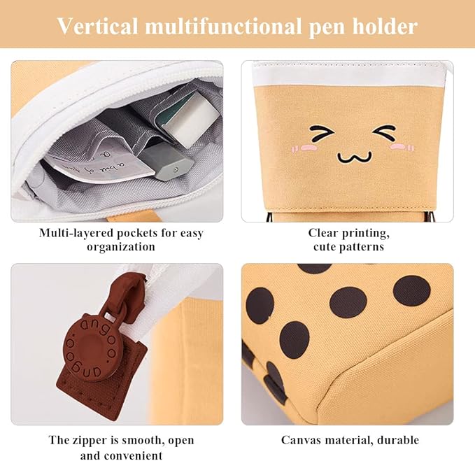 Cute Standing Pencil Case Pen Holder for Kids, Pop Up Stand UP Bubble Tea Pen Organizer Kawaii Stationary for Christmas Holiday New Year Office (Brown)