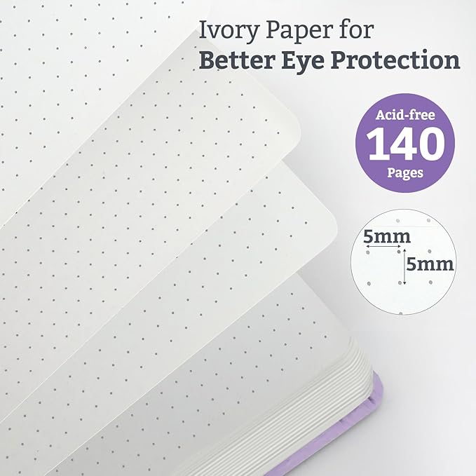 2Pack Bullet Dotted Journal Hardcover Notebook, A5 140 Pages 120Gsm Thick Paper for School,Note Taking,Work,Diary，5.7''*8.3'',Lavender