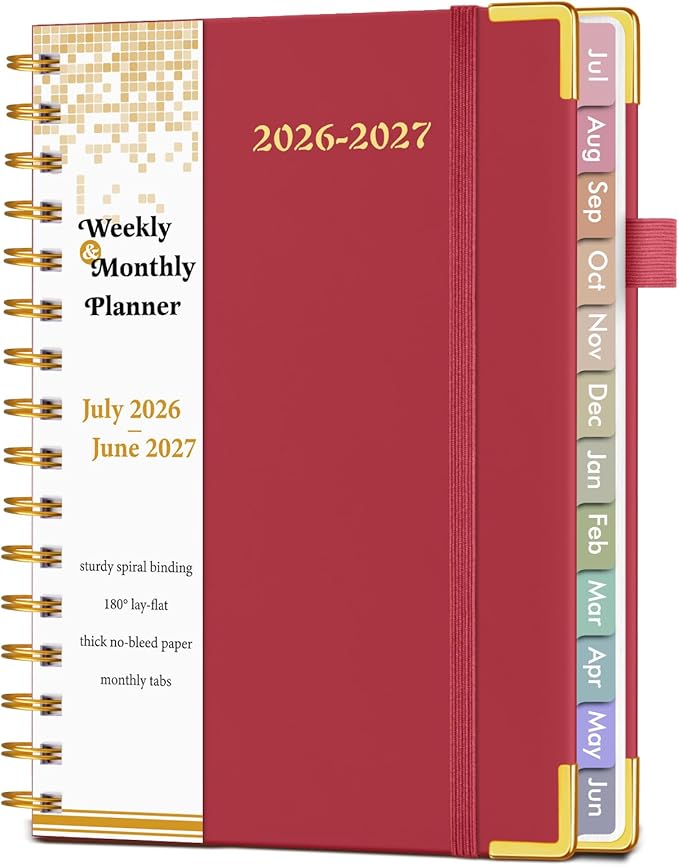 Academic Planner 2026-2027, Hardcover Weekly and Monthly Calendar Planner from July 2026 - June 2027, Daily Agenda Planners with Tabs, College School Organizer for Student Teacher, A5 (6.1" x 8.2"), Red