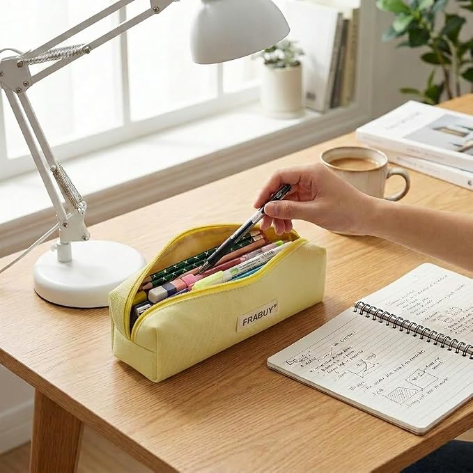 Canvas Pencil Case Pouch – Multipurpose Pen Bag Stationery Yellow | Heavy-duty canvas, smooth alloy zipper, cute organizer for girls and boys, ideal for stationery, cosmetics, tech gear