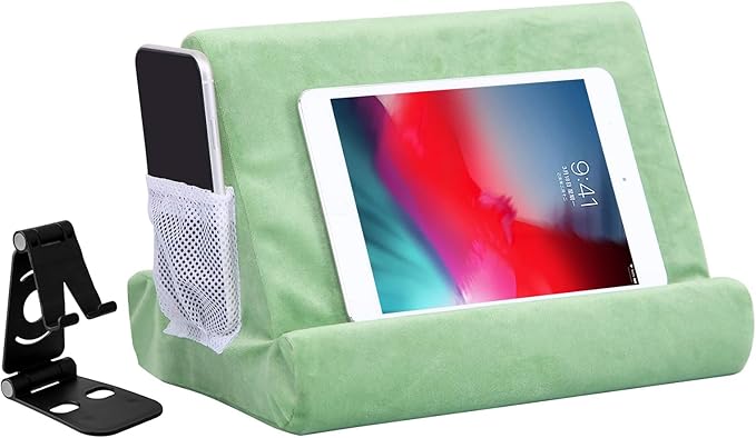2pcs Multi-Angle Tablet Holder Cushion Stand with Net Pocket & Black Color Phone Stands Upgraded Tablet Pad Support for Phone,Pad,Books (LightGreen)