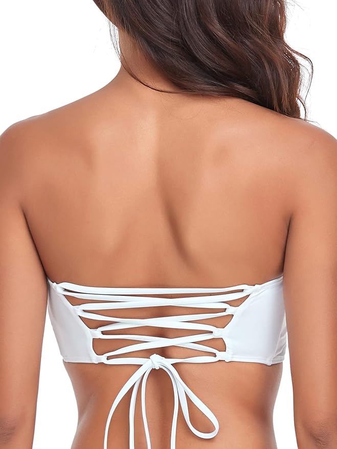RELLECIGA Women Bandeau Swim Top Only Strapless Bikini Top Tie Back Swimsuit Tube Top