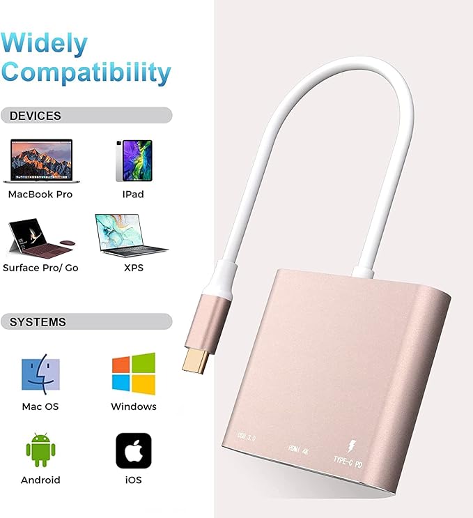 Battony Rose Gold USB C to HDTV Adapter Type-C Multiport AV Converter with 4K HDTV Output USD3.0 & USBC 100W Fasting Charging Compatible for MacBook/Mac Pro Air iPad Pro and More USB-C Port Device