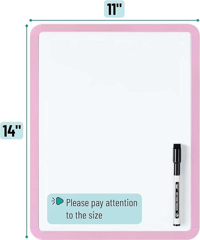Mr. Pen- Dry Erase Board, 14” x 11” with a Black Dry Erase Marker, Pink Frame, Small Mini White Board for Students, Fridge, Wall, Locker, Includes Double Sided Tapes