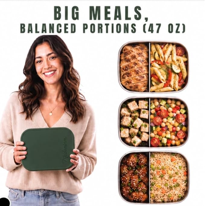 Modaniam Flexibento - 47 OZ Leak proof Stainless Steel Lunch Box Containers with Silicone Lids, Steel Bento Box, Metal lunch Box, ForestGreen-47OZ-Set Of 2