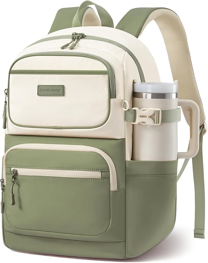 LOVEVOOK School Backpack for Teen Girls & College Students, Large Capacity Laptop Backpack with Water Bottle Holder, Lightweight Bookbag for School, Travel & Everyday Use, Beige-Pea Green