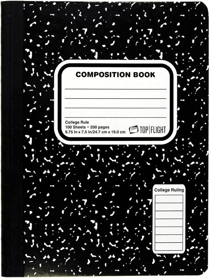 Top Flight Sewn Marble Composition Book, Black/White, College Rule, 9.75 x 7.5 Inches, 100 Sheets (41350)