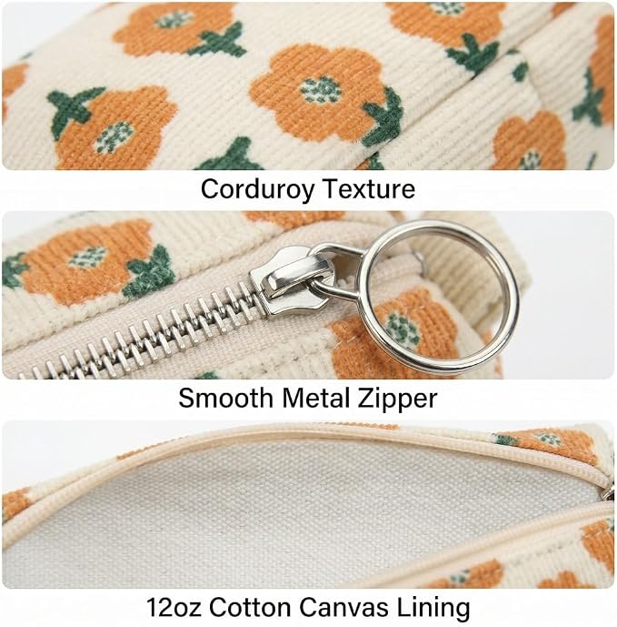 Soft Corduroy Pencil Case Pen Pouch Organizer, Small Stationery Bag | Cute beige plum blossoms pencil pouch, smooth zipper, daily cosmetics holder, compact organizer for school teen girls, women