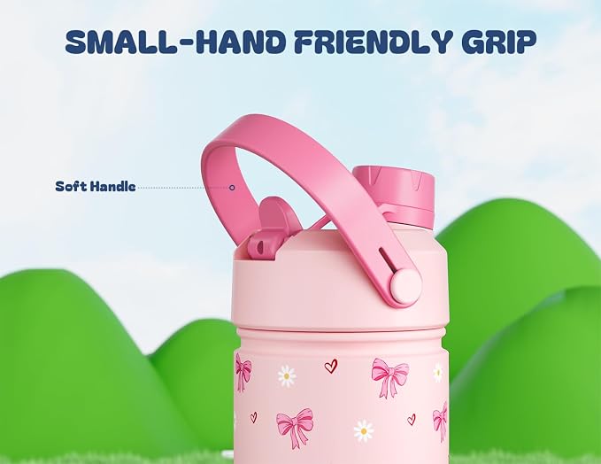 12 oz Insulated Water Bottle for Girls: 2-in-1 Straw Spout Lid, Leakproof, BPA-Free, Easy Carry, Keep Cold 24H, Cute Patterns, Kids Stainless Steel Cup for School, Travel, Holiday Gift (Bow Crush)