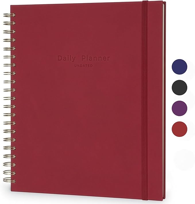 AuroPlanner Undated Daily Planner To Do List Hourly Schedule 2028 2027 2026 Calendar & Holiday Habit Tracker 180 Pages Letter Size 8.5" x 11" Sheets Hardcover Spiral Bound Notebook (Red)