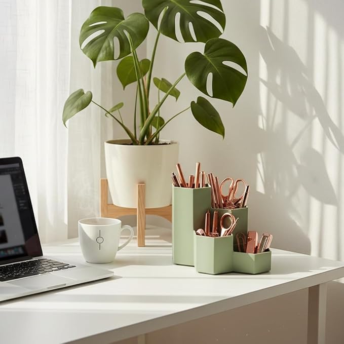 Pencil Organizer Pen Holder for Desk Pens Cup Small Desk Organizer Cute Pen Holder for Office,School and Home (Green, L-Shape)
