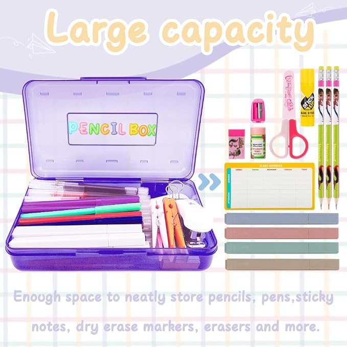 Purple Hard Pencil Case Plastic Clear Pencil Box Crayon Box Organizer 1 Pack Office Supplies Storage Container Organizer Boxes for Pens Crayon School Stylish Art Office Supplies Storage Medium