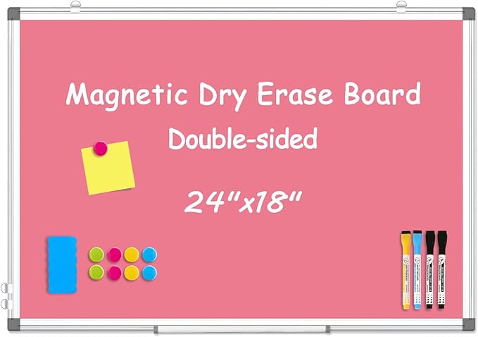 WALGLASS Magnetic Whiteboard 24"x18" Dry Erase White Board for Walls with Pen Tray, Aluminium Frame and Dry-Wipe Writing Surface for Drawing, Home, and Office (Pink)