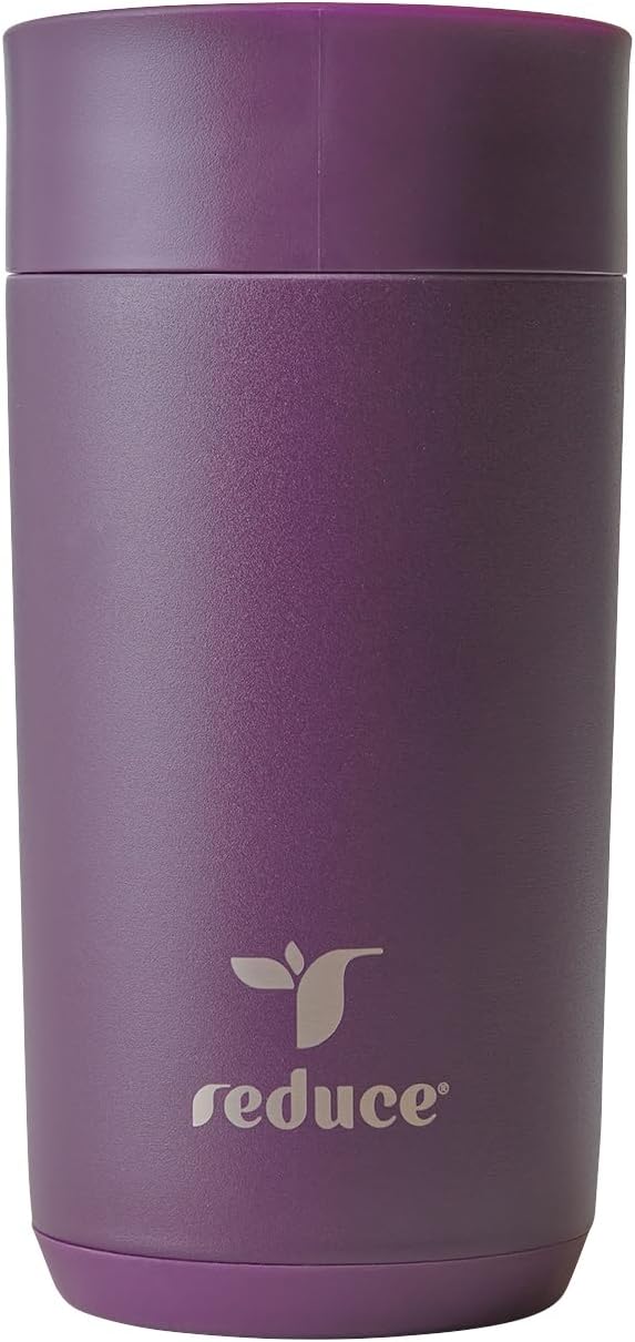 REDUCE Perk 10oz Insulated Coffee Tumbler – Leak-Proof with Lockable Lid and Vacuum Insulation–Durable Stainless Steel–Fits Car Cup Holders–One-Handed Travel Mug in Sand Leopard Print - Midnight Plum