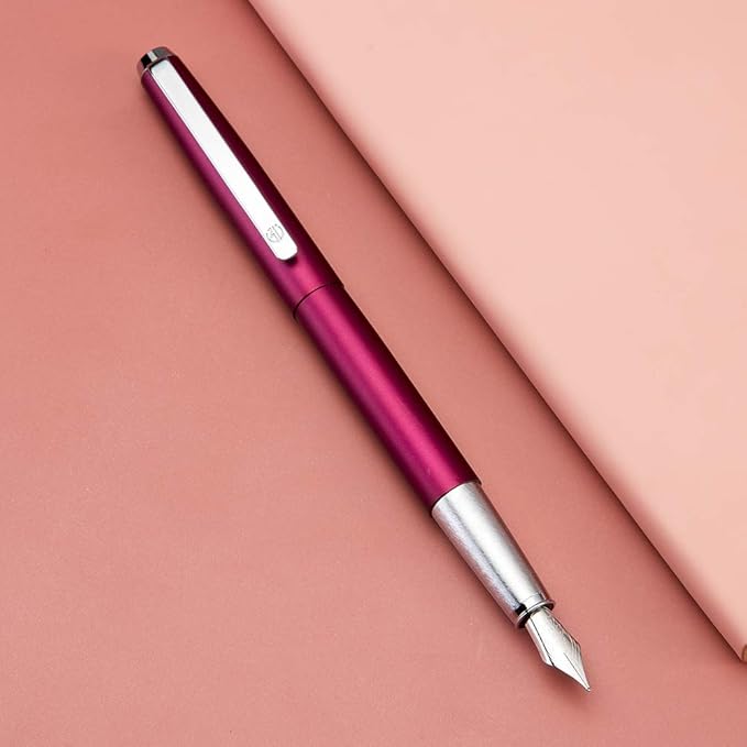 HongDian 525 Purple Metal Fountain Pen Bent Nib, Calligraphy Fude Pen 0.6mm with Converter and Metal Box Set
