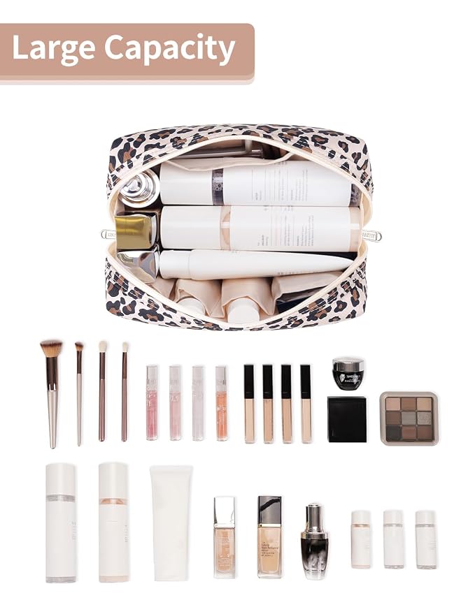 Narwey Cute Cheetah Makeup Bag Travel Cosmetic Bag Organizer Toiletry Bag Make Up Bags with Compartments for Women Girls (Large, Beige Leopard)