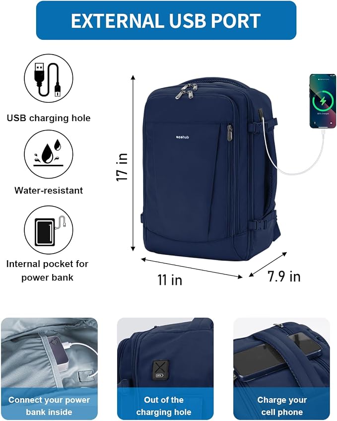 ECOHUB 17'' Travel Backpack, Personal Item Backpack with 13 Pockets, Flight Approved Carry on Backpack with USB Port & Luggage Sleeve, Travel bag for Men & Women, Water Resistant Backpack, Blue | 16.7"x10"x8" Small Backpack with 13 Pockets Water Resist...