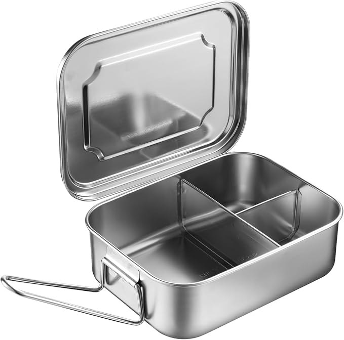 Stainless Steel Bento Box, 3-Compartment Lunch Box, Metal Food Container with Secure Lid, Salad Sandwich Box, Fruit Snack Packing Box for Office, Camping （1500ml）