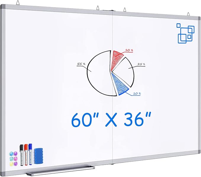 White Board Dry Erase 60 x 36，maxtek Large Magnetic Whiteboard 5' X 3' Dry Erase Board Foldable with Long Marker Tray for Wall-Mounted Aluminum Memo Board Supplies for Class Office & Home