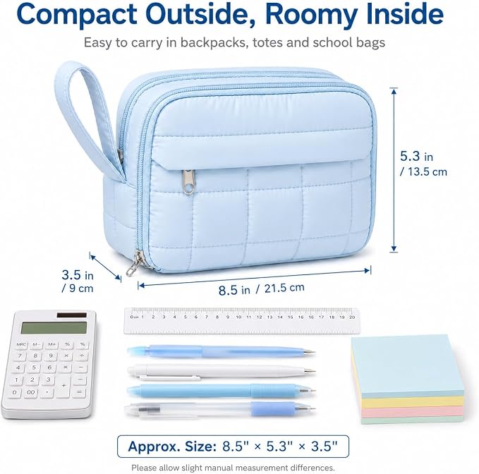 Puffer Quilted Pencil Pouch for Women, Large Capacity Organizer Bag with Multiple Compartments, Cute Aesthetic Pencil Case for Office, Travel & Daily Essentials(beige)