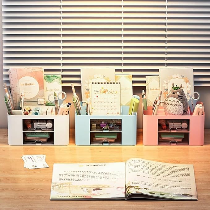 Stationary Organiser 7-Grid Desk Organizer with Drawer – Multifunctional Plastic Table Organizer & Pen Holder for School, Office, and Home (Pink)