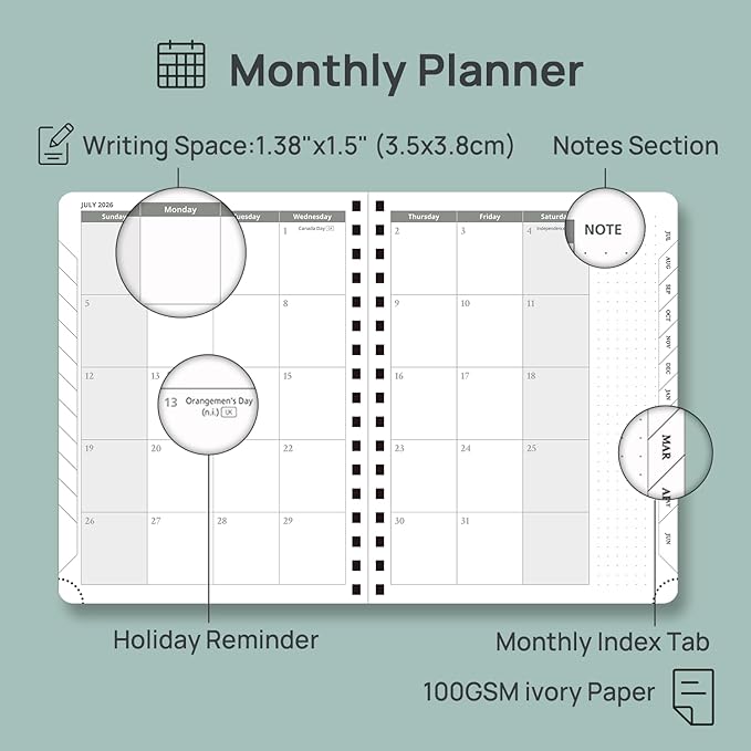 POPRUN 2026-2027 Academic Weekly Planner, 6.75" x 8.75" Horizontal Daily Book Calendar, July 2026 to June 2027, Softcover Appionment Book with Monthly Tabs, Spiral Bound, Inner-Pocket - Soft Pink