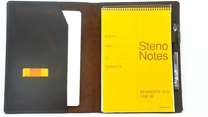Leather Cover Compatible With 6" x 9" Spiral Steno Pads, Steno Notes 6" x 8.8" Spiral Notebooks Distressed Genuine A5 Leather Cover with Pen Loop DarkBrown