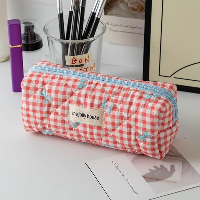 Carry bloom Pencil Pouch Cute Pencil Case for Girls Aesthetic Pencil Bag with Zipper Pen Cases School Supplies Makeup Bag (Checkered bow red)