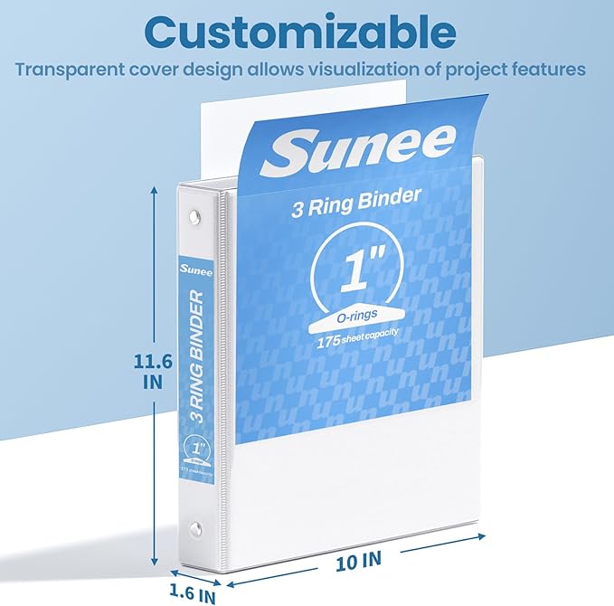 SUNEE 3 Ring Binder 1 Inch 2 Pack, Clear View Binder Three Ring PVC-Free (Fit 8.5x11 Inches) for School or Office Supplies, White
