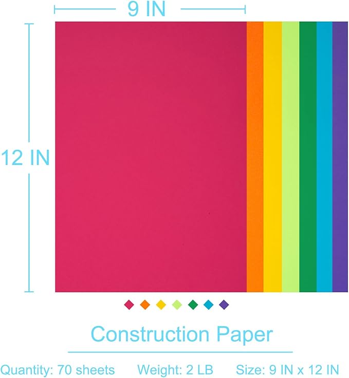 Construction Paper 9x12 in,70 Sheets,Set of 7 Colors Classic Rainbow 178GSM/65LB Heavyweight Construction Paper,Crafts,Arts,School Classroom Art Supplies Assorted Colors Bulk Paper