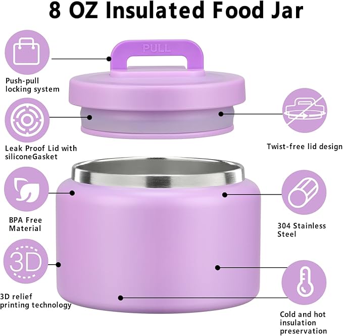 JXXM 8 Oz Thermo Food Jar for Hot & Cold Food for Kids, Insulated Lunch Containers Hot Food Jar,Leak-Proof Vacuum Stainless Steel Wide Mouth Lunch Soup Thermo for School (Purple)