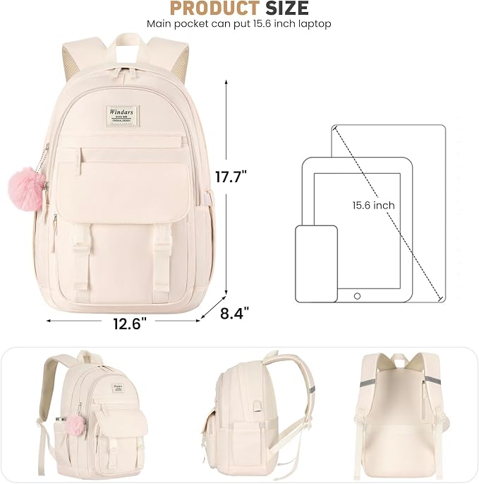 WINDARS School Backpack for Teen Girls, Cute College Backpacks for Women Students Aesthetic Bookbag Large 15.6 Inch Laptop Bag Middle School Travel Back Pack (Beige)