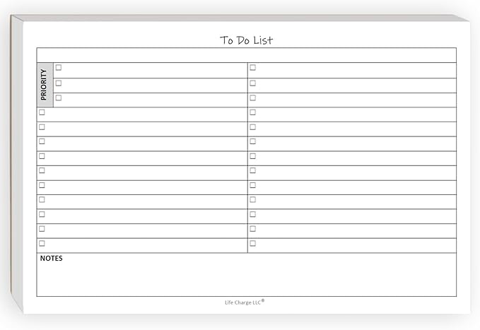 To Do List Planner Notepad, 60 Page Planning Pad, Undated ToDo Checklist w/Priority & Notes Sections, Daily Task Organizer for Work, Projects & Home, 8.5 x 5.5 Half Letter, Landcape, Single Notepad – Life Charge