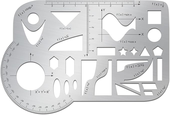 ORIGACH Stainless Steel Mathematical Template Geometric Scale Drawing Ruler Metal Drafting Stencils for Leather Sewing DIY Craft Supplies, 5.6x3.8 Inch