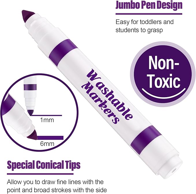 36 Pcs Purple Washable Markers Bulk Coloring Broad Line Markers for Kids Conical Tip Drawing Pen for Christmas, School Supplies, Travel Art Baby Shower Gender Reveal Party Supplies, Ages 6+