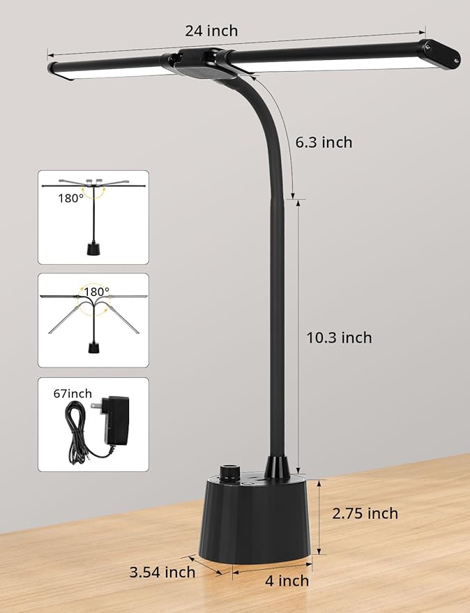 Woputne Desk Lamp, Dual Head, Smart USB A+C Charging Port, 5 Color Modes Dimmable, 2600 Lumens 12W Wide-Angle Lighting Table Lamp, 49cm Height for Bedside Reading, Office, Study, Crafts, Draw