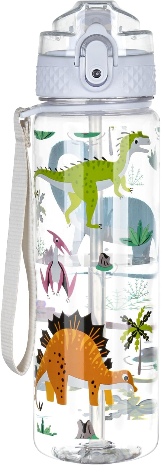 OLDLEY 17oz Kids Water Bottle, Tritan BPA-Free, Leakproof Flip Straw Lid, Motivational Time Marker, Carry Strap, Reusable Clear Water Bottle for Boys & Girls,Dinosaur
