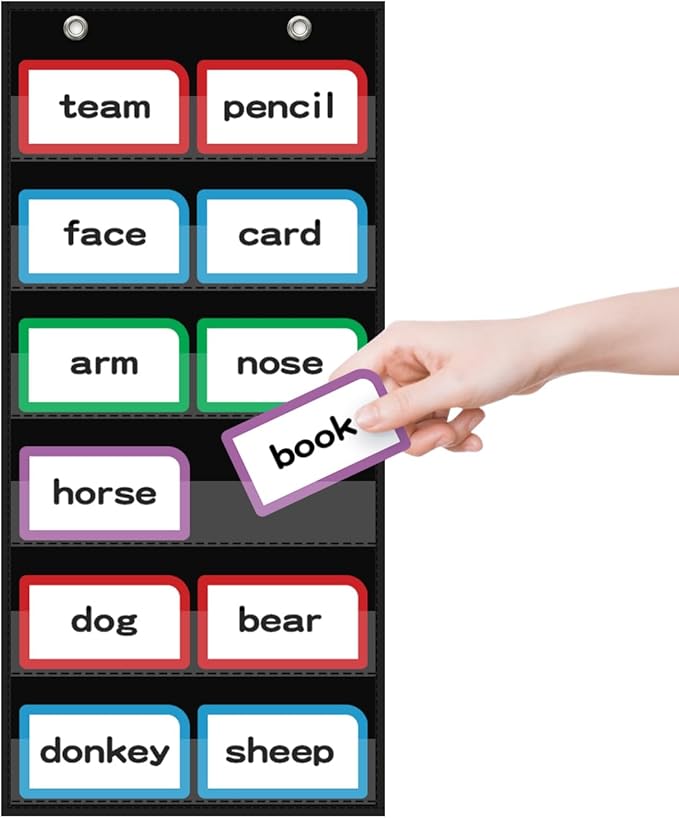 ANCOMEDO 10”W x 25”H Classroom Words Pocket Chart with 6 Clear Pockets, Black Standard Pocket Chart for Classroom and Home for Sentence Strips, Reusable Words Hanging Pocket Chart (Black)