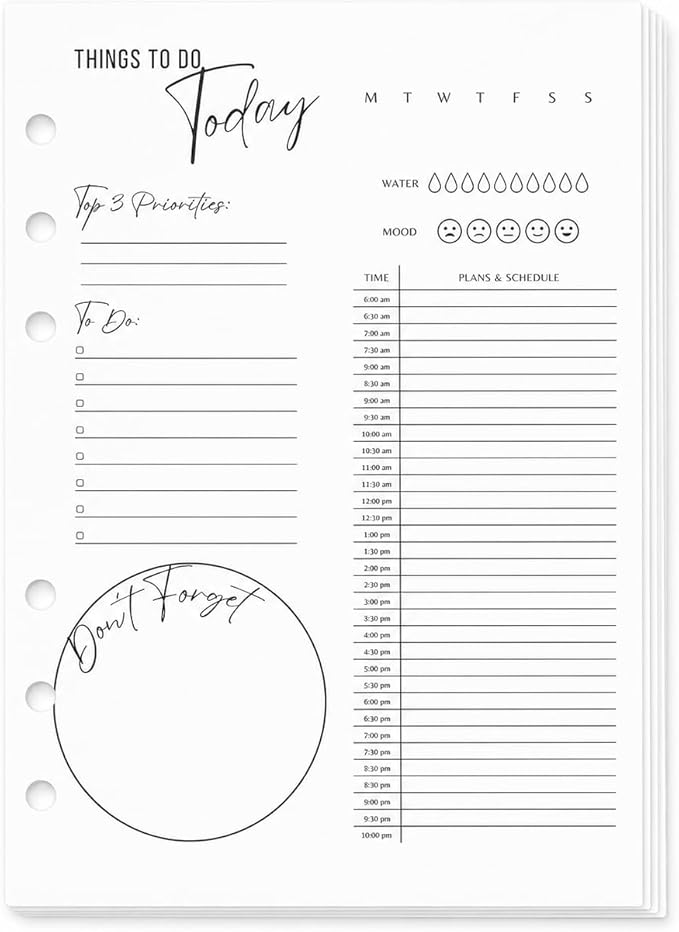 A5 Daily Planner Inserts, 6-Ring Undated Planner Refill Pages with To Do List, Hourly Schedule & Reminders, 100 Double-Sided Sheets, 100gsm White Paper, 5.8 x 8.3 in