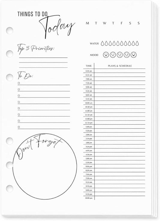 A5 Daily Planner Inserts, 6-Ring Undated Planner Refill Pages with To Do List, Hourly Schedule & Reminders, 100 Double-Sided Sheets, 100gsm White Paper, 5.8 x 8.3 in
