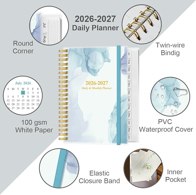 2026-2027 Daily & Monthly Planner - One Page Per Day, Daily Planner from July 2026 to June 2027, Planner 2026-2027 with 12 Monthly Tabs, 6.4" x 8.5", Rose Flower