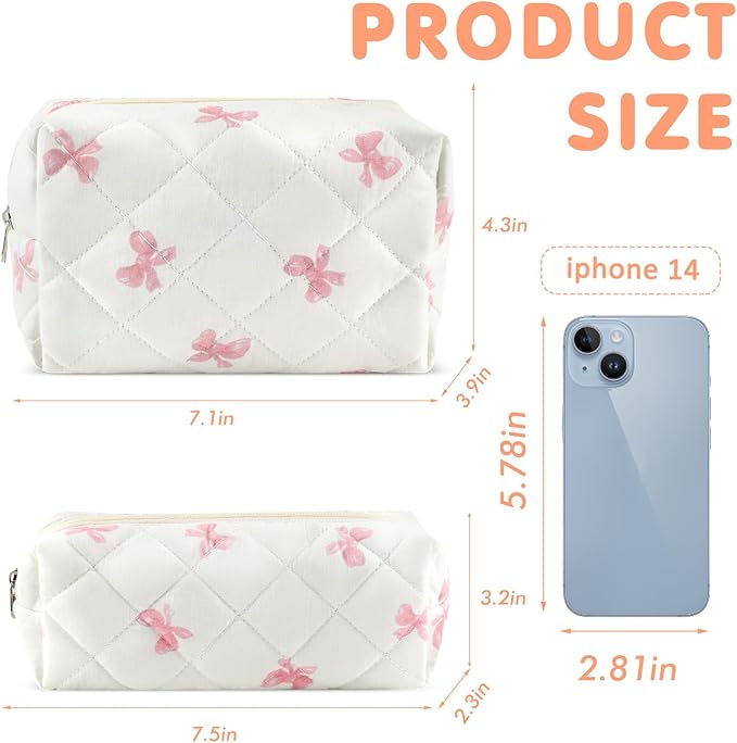 URSKYTOUS 2Pcs Cotton Quilted Makeup Bag for Women Small Coquette Cosmetic Bags Cute Zipper Pink Bow Makeup Pouch Aesthetic Portable Pencil Case Travel Toiletry Bag Trendy Cloth Skincare Bags