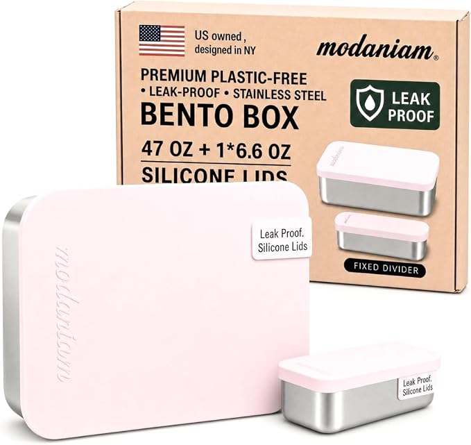 Modaniam Flexibento - Leak proof 47 OZ Stainless Steel Lunch Box Containers with Silicone Lids, Bento Box,Metal lunch Box, Pink-47 OZ-Set Of 2